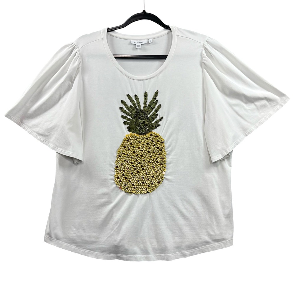 Chico's T-Shirt Women 3 XL White Pineapple Sequin Flutter Sleeve Art Teacher